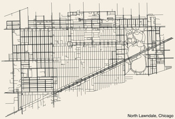 Detailed hand-drawn navigational urban street roads map of the NORTH LAWNDALE COMMUNITY AREA of the American city of CHICAGO, ILLINOIS with vivid road lines and name tag on solid background - obrazy, fototapety, plakaty