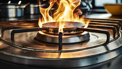 Obraz premium Flaming Gas Stove: Cooking up a Hot Meal with Intense Flames