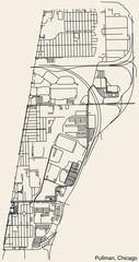 Detailed hand-drawn navigational urban street roads map of the PULLMAN COMMUNITY AREA of the American city of CHICAGO, ILLINOIS with vivid road lines and name tag on solid background
