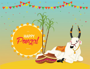 Vector illustration Happy Pongal with sugarcane and cow banner editable template with light background - obrazy, fototapety, plakaty