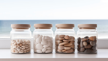 Jars containing beach pebbles and sand on window sill with  beach view. Concept of summer holiday. 