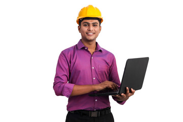 Handsome indian man wearing yellow hardhat posing with laptop in studio. 