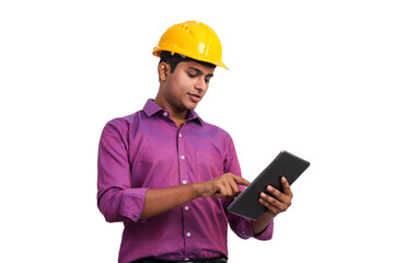 Handsome indian man wearing yellow hardhat posing with tablet in studio. 