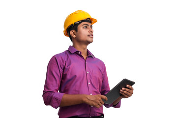 Handsome indian man wearing yellow hardhat posing with tablet looking up