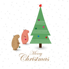 Cute Christmas greeting card with capybaras and Xmas tree
