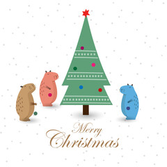 Cute Christmas greeting card with capybaras and tree