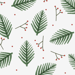 Christmas Watercolor Background with Branches and Berries