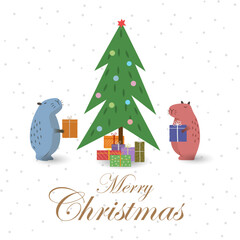 Cute Christmas greeting card with capybaras,tree and gifts