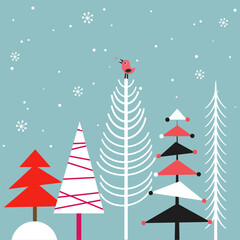 Cute New Year Card Design with Xmas Trees and bird
