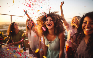 Group of friends having fun enjoying summer party celebration throwing confetti in the air, young multiracial hipster people having fun at weekend event outdoors - obrazy, fototapety, plakaty