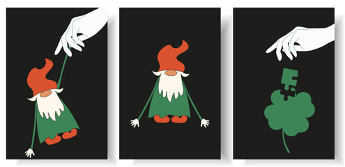 Set Saint Patrick's Day card cover design. Flat puzzle Clover, Saint Patrick's day elements in trendy psychedelic rave style. 00s Y2k retro aesthetic. Patrick concept. Vector for social media