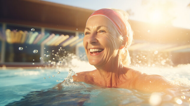 Happy active senior woman enjoying retirement in swimming pool, healthy retired lifestyle concept