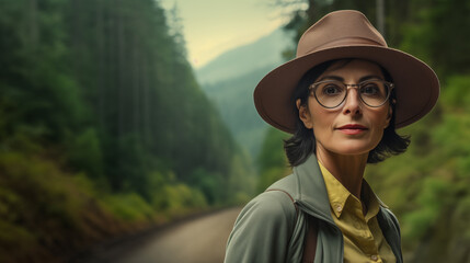 Une randonneuse avec un chapeau devant une forêt - obrazy, fototapety, plakaty