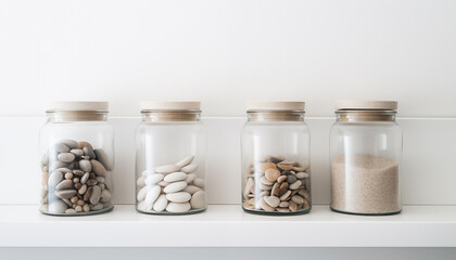 Jars containing beach pebbles and sand on white cupboard. Concept of preserving good summer memories. Minimalistic wallpaper. 