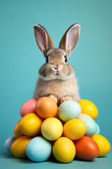 F&ecirc;te de P&acirc;ques, un lapin avec des &oelig;ufs multicolores sur fond color&eacute;