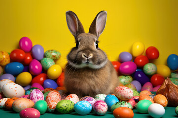 Fototapeta na wymiar Fête de Pâques, un lapin avec des œufs multicolores sur fond coloré