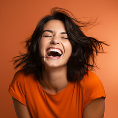 Portrait of a woman laughing out loud. Generated AI