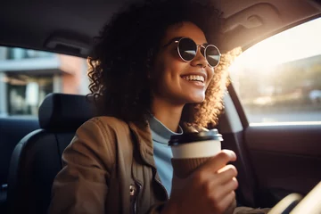 Foto op Canvas Happy young woman holding cup of coffee to go driving her car, cheerful woman driving car and drinking coffee © AspctStyle