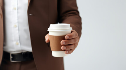 Elegant person hand holding a coffee to go cup over white background.
