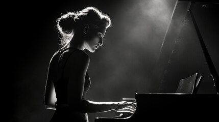 A black and white photograph of a pianist in a dimly lit concert hall, the spotlight casting a dramatic silhouette on their figure, emphasizing the emotive power of the music. - obrazy, fototapety, plakaty