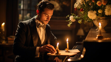 A pianist in a vintage concert setting, surrounded by flickering candlelight, creating a timeless and romantic atmosphere.