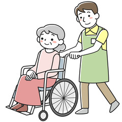 車椅子に乗ったシニア女性と男性職員