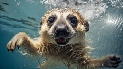 Meerkat jump into a water. Underwater photography. Animal dive into the Depths. Beauty of wild nature. Hunting.