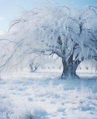 A large tree full of snow in a cold and fascinating winter landscape