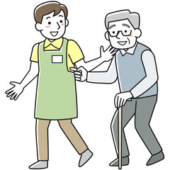 杖をついて歩くシニア男性と付き添う介護職員