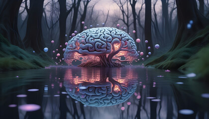 surreal depiction of a brain-shaped forest at twilight, where luminous thought-bubbles bloom like exotic flowers tranquil river of mindfulness flows created with generative ai - obrazy, fototapety, plakaty