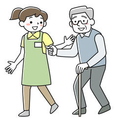 杖をついて歩くシニア男性と付き添う介護職員