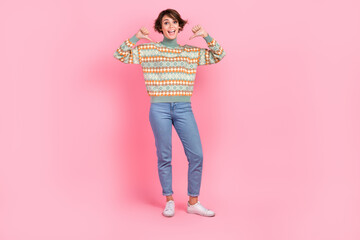 Full length body photo excited funny woman indicating fingers herself ego personal self branding...