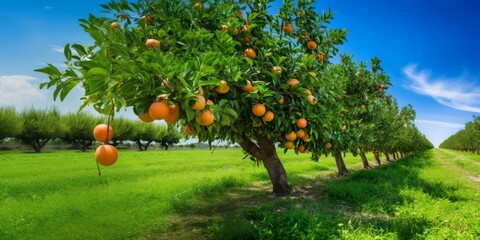 Orange orchards on a beautiful sunny day. Fields cultivated by rows of trees