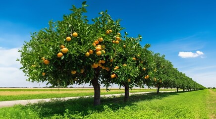 Orange orchards on a beautiful sunny day. Fields cultivated by rows of trees