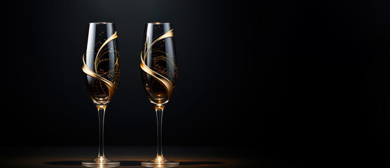 New Year Champagne for festive cheers with gold sparkling bokeh background. Glasses of sparkling wine in front of tender bright gold bokeh. Holiday golden glitter confetti - obrazy, fototapety, plakaty