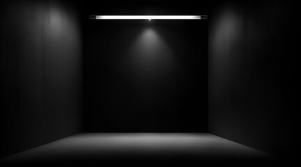 Empty room and black wall background. For logo mockup or product display. Empty interior with bright spotlight casting dark shadows.