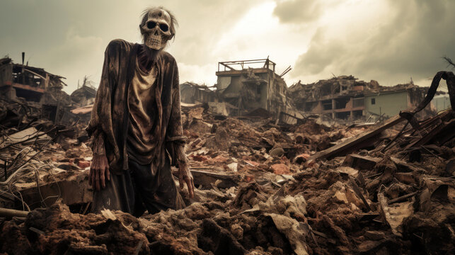 Zombie on street of abandoned town, apocalypse