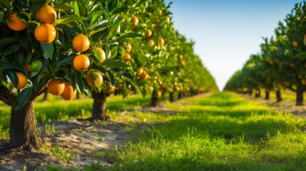 Orange orchards on a beautiful sunny day. Fields cultivated by rows of trees