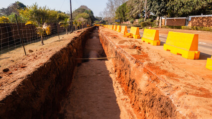 Construction Steel Water Pipeline  Underground Trench Installation. - 692998705