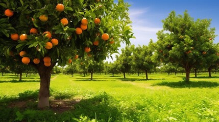 Orange orchards on a beautiful sunny day. Fields cultivated by rows of trees