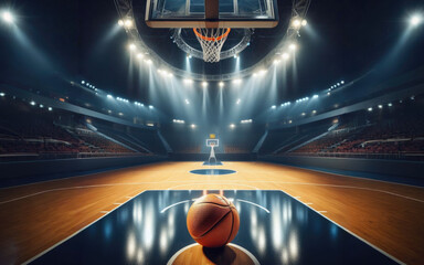 Basketball arena with wooden floor, lights reflectors, and tribune over blurred lights background. Classic Orange Basketball Ball On Wooden Sports Court - obrazy, fototapety, plakaty