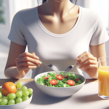Eating healthy food, Joyful, enjoyable, tasty, low-calorie tiny bowl person idea. close-up of a stunningly attractive, charming, self-assured woman holding wholesome food in her hands 