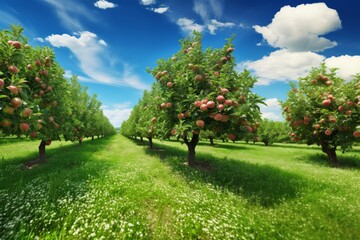 Orange orchards on a beautiful sunny day. Fields cultivated by rows of trees