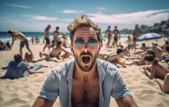 Happy man with hat and sunglasses taking selfie picture with smartphone at the beach