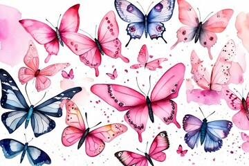 Butterfly collection. Watercolor illustration. Colorful Butterflies clipart set. Pink butterfly....