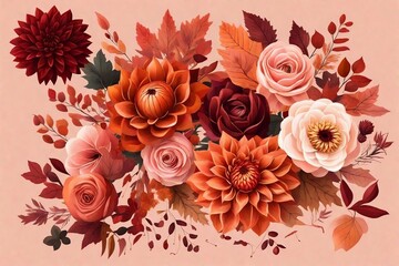 Autumn floral border with dahlia, rose and eucalyptus leaves. Burnt orange flowers, terracotta foliage. - Powered by Adobe