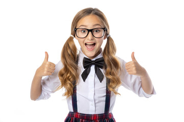 Schoolgirl showing thumbs up, isolated on white. Study well and you will be successful. No more...