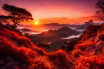 sunset in the mountains  and generated AI