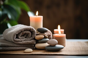 Relaxing spa concept sea stones balanced on wooden table with candle, towel, and space for text