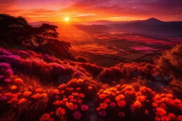 sunset in the mountains  and generated AI